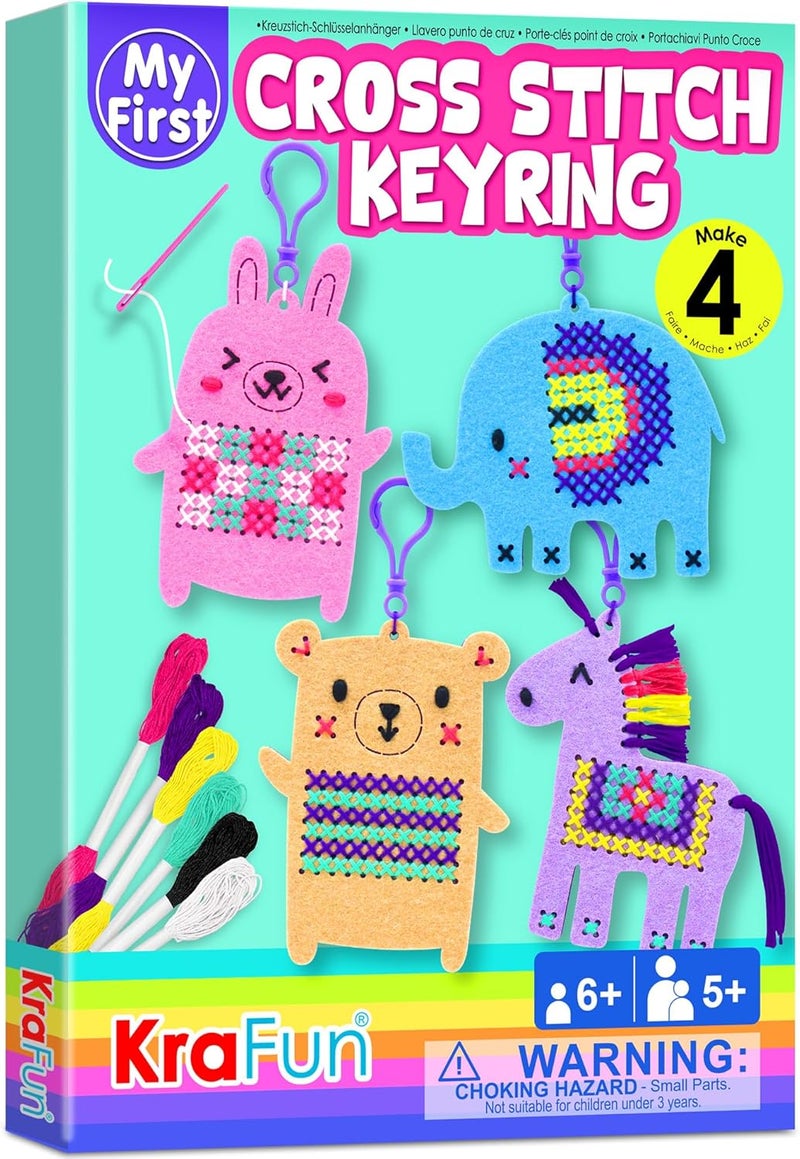 KRAFUN Cross Stitch Kits for Kids Beginners, 4 Cross Stitching Keyrings Arts & Crafts with Animals, Unicorn, Needlepoint Embroidery Kit for Girls 5-13 Craft Kit Backpack Charms, Ornaments - Image 1
